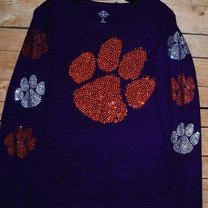 Clemson Tigers rhinestone long sleeve shirt w/ paws on sleeves XS S M L XL XXL …